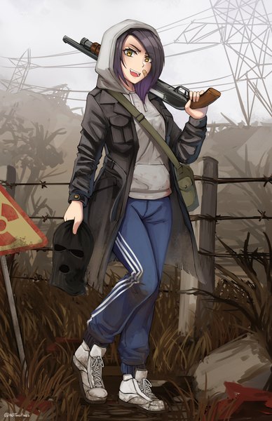 Anime picture 1650x2550 with stalker (game) ndtwofives single long hair tall image fringe open mouth black hair smile standing holding yellow eyes purple hair full body outdoors :d multicolored hair hair over one eye open jacket standing on one leg