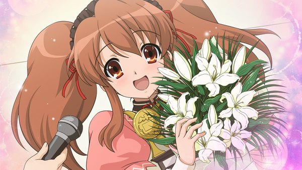 Anime picture 1920x1080 with suzumiya haruhi no yuutsu kyoto animation asahina mikuru single long hair looking at viewer highres open mouth brown hair wide image twintails brown eyes game cg girl dress flower (flowers) headdress microphone bouquet