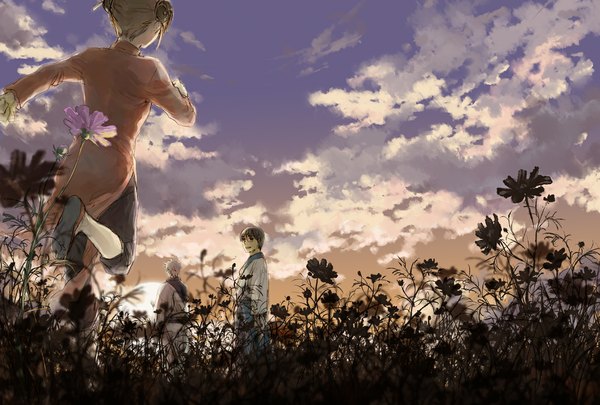 Anime picture 1183x800 with gintama sunrise (studio) sakata gintoki kagura (gintama) shimura shinpachi acaco short hair blonde hair smile brown hair sky cloud (clouds) white hair traditional clothes japanese clothes back evening chinese clothes sunset running