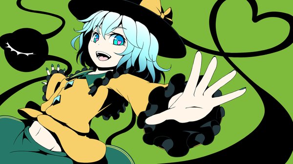 Anime picture 1920x1080 with touhou komeiji koishi highres blue eyes wide image aqua hair spread arms heart of string girl hat heart