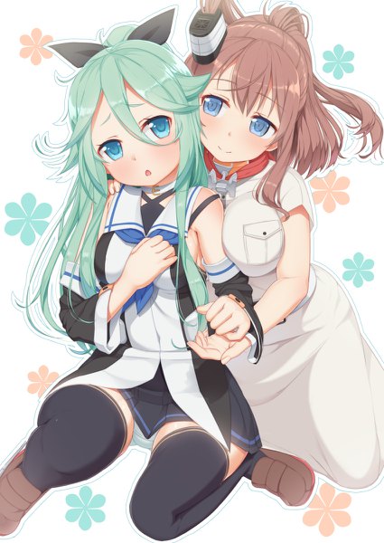 Anime picture 850x1200 with kantai collection yamakaze (kantai collection) saratoga (kantai collection) tachimi (basue) long hair tall image looking at viewer blush fringe breasts open mouth blue eyes light erotic smile hair between eyes brown hair multiple girls full body ahoge bent knee (knees)