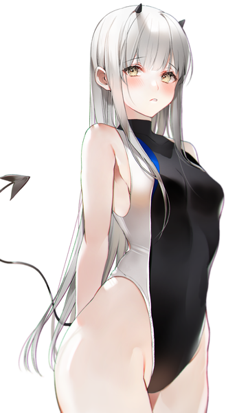 Anime picture 1416x2576 with original 2sham single long hair tall image looking at viewer blush fringe breasts light erotic simple background standing white background bare shoulders yellow eyes payot silver hair tail blunt bangs parted lips
