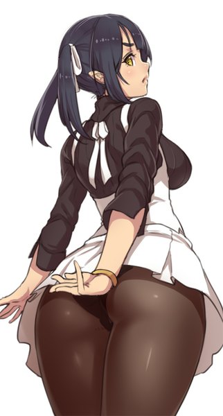 Anime picture 537x1000 with original elf (houtengeki) houtengeki single long hair tall image blush light erotic black hair simple background white background twintails yellow eyes ass looking back from behind turning head girl dress underwear