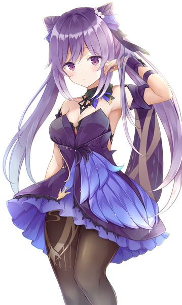Anime picture 958x1600 with genshin impact keqing (genshin impact) keqing (opulent splendor) (genshin impact) iroshiro single long hair tall image looking at viewer blush fringe breasts simple background large breasts standing white background purple eyes twintails bare shoulders payot purple hair