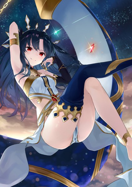 Anime picture 849x1200 with fate (series) fate/grand order ishtar (fate) azuuru single long hair looking at viewer blush fringe light erotic black hair smile hair between eyes red eyes sitting cloud (clouds) bent knee (knees) head tilt barefoot arm up