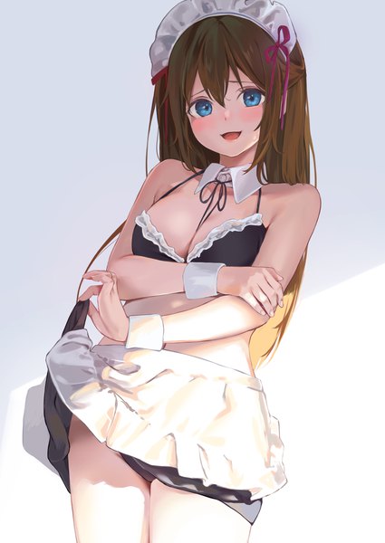 Anime picture 1003x1416 with love live! nijigasaki high school idol club sunrise (studio) love live! ousaka shizuku hinami riku single long hair tall image looking at viewer blush fringe breasts open mouth blue eyes light erotic simple background hair between eyes brown hair large breasts standing