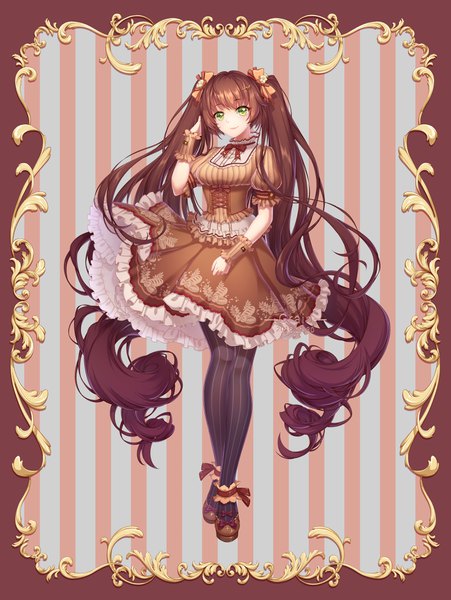 Anime picture 2990x3973 with original guliangdun single tall image looking at viewer highres brown hair green eyes absurdres very long hair drill hair girl dress bow hair bow pantyhose frills striped pantyhose
