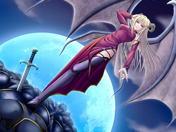 Anime picture 1024x768 with meishoku no reiki single long hair blonde hair yellow eyes game cg night girl sword wings moon