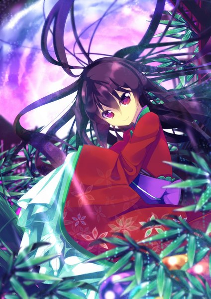 Anime picture 2893x4092 with original nyori single long hair tall image looking at viewer highres smile red eyes purple hair japanese clothes girl plant (plants) kimono obi