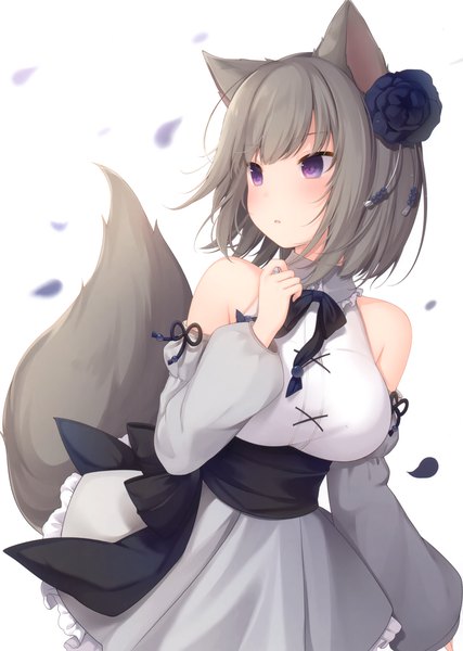 Anime picture 2099x2946 with original nachi single tall image blush fringe highres short hair breasts simple background large breasts standing white background purple eyes bare shoulders animal ears looking away tail blunt bangs animal tail