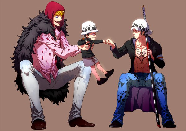 Anime picture 1402x992 with one piece toei animation trafalgar law donquixote rocinante eilinna short hair open mouth black hair blonde hair simple background smile sitting holding full body profile multiple boys tattoo dual persona brown background face paint