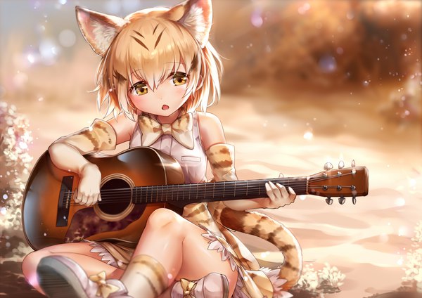 Anime picture 1500x1060 with kemono friends sand cat (kemono friends) ks single blush fringe short hair open mouth blonde hair smile hair between eyes sitting bare shoulders holding animal ears yellow eyes looking away bent knee (knees) outdoors tail