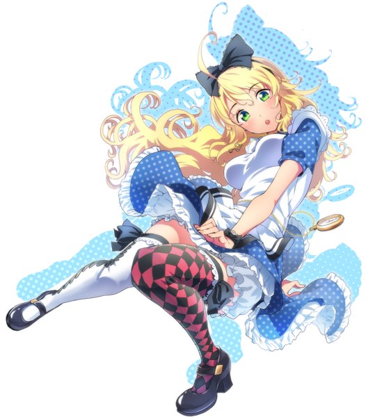 Anime picture 737x841 with alice in wonderland alice (wonderland) maru (sara duke) single long hair tall image looking at viewer blush open mouth blonde hair green eyes girl thighhighs dress bow hair bow