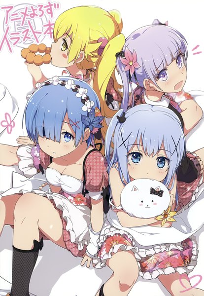 Anime picture 2417x3500 with re:zero kara hajimeru isekai seikatsu bakemonogatari gochuumon wa usagi desu ka? new game! shaft (studio) white fox monogatari (series) doga kobo milky been! (ogipote) - anime yorozu ira hon (artbook) rem (re:zero) oshino shinobu kafuu chino tippy (gochiusa) suzukaze aoba minase inori ogipote long hair tall image looking at viewer blush