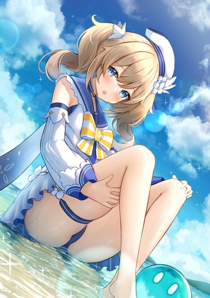 Anime picture 868x1228 with genshin impact barbara (genshin impact) slime (genshin impact) barbara (summertime sparkle) (genshin impact) jori single long hair tall image looking at viewer blush open mouth blue eyes light erotic blonde hair sitting twintails sky cloud (clouds) :o sparkle