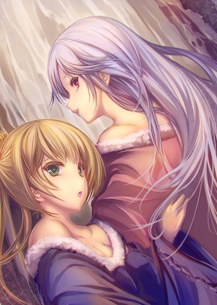 Anime picture 1500x2100 with original tenmaso long hair tall image blush fringe open mouth blonde hair purple eyes bare shoulders multiple girls green eyes silver hair ponytail profile looking back off shoulder wide sleeves fur trim girl