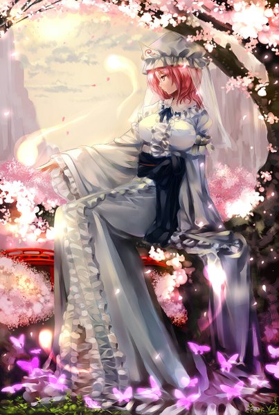 Anime picture 810x1206 with touhou saigyouji yuyuko nagare single tall image short hair breasts large breasts sitting looking away pink hair sky cloud (clouds) bent knee (knees) profile sunlight cherry blossoms outstretched arm mountain girl