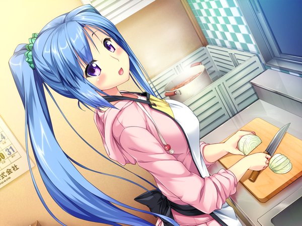 Anime picture 1024x768 with erect! ririela churack piromizu long hair blush open mouth purple eyes blue hair game cg ponytail cooking girl apron