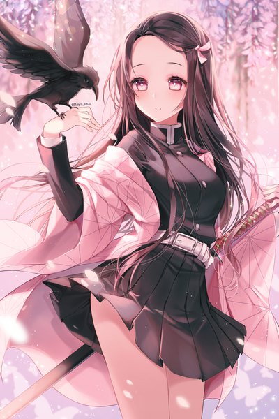 Anime picture 1181x1771 with kimetsu no yaiba ufotable kamado nezuko taya oco single long hair tall image blush breasts black hair standing signed looking away long sleeves traditional clothes parted lips japanese clothes pink eyes wind off shoulder