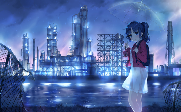 Anime picture 1920x1184 with original ezoshika gg single long hair looking at viewer highres blue eyes light erotic wide image standing blue hair cloud (clouds) ponytail parted lips open jacket rain transparent umbrella see-through silhouette girl dress