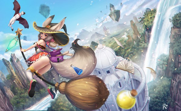 Anime picture 3000x1850 with original w ruwaki single long hair highres open mouth light erotic wide image purple eyes bare shoulders signed animal ears silver hair full body tail animal tail looking back mountain flying witch