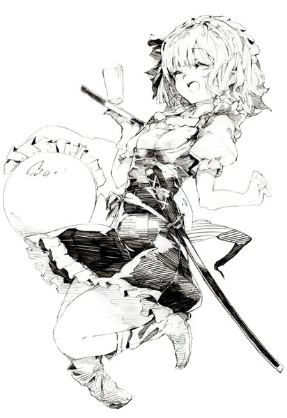 Anime picture 1564x2274 with touhou konpaku youmu myon oshake tall image short hair open mouth simple background white background eyes closed alternate costume puffy sleeves monochrome ghost sketch girl dress sword frills headdress