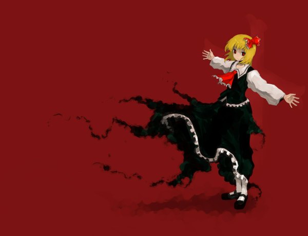 Anime picture 1250x958 with touhou rumia oso (pixiv) single short hair blonde hair simple background red eyes wind dark background spread arms red background girl skirt bow hair bow necktie skirt set