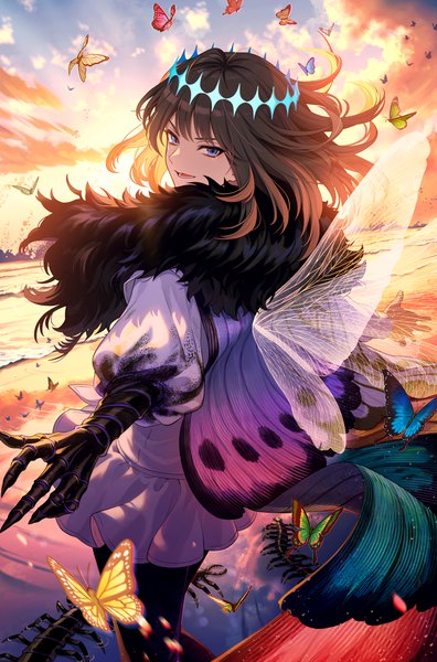 Anime picture 989x1500 with fate (series) fate/grand order oberon (fate) oberon (third ascension) (fate) michi (iawei) single long hair tall image looking at viewer blue eyes brown hair sky cloud (clouds) looking back fur trim evening sunset insect wings spoilers boy
