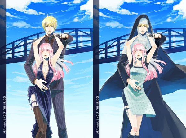 Anime picture 1612x1200 with arakawa under the bridge shaft (studio) sister (arakawa) maria (arakawa) kyan (pixiv 254879) long hair looking at viewer short hair blue eyes blonde hair red eyes brown eyes pink hair sky cleavage cloud (clouds) couple hug scar multiview