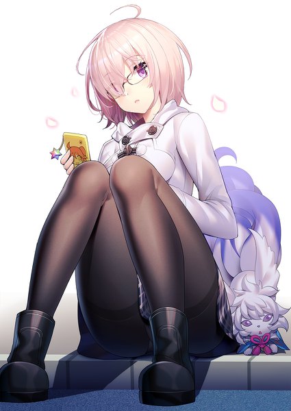 Anime picture 850x1200 with fate (series) fate/grand order mash kyrielight fou (fate) ririko (zhuoyandesailaer) single tall image fringe short hair light erotic white background sitting purple eyes pink hair full body ahoge hair over one eye official alternate costume girl pantyhose