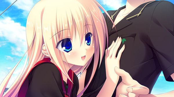 Anime picture 1024x576 with lovely quest long hair blush open mouth blue eyes blonde hair wide image game cg couple girl uniform school uniform