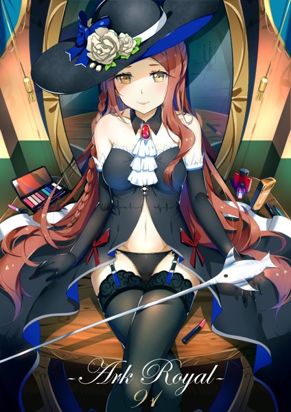 Anime picture 2480x3507 with warship girls r ark royal (warship girls r) lu'' single tall image looking at viewer highres light erotic brown hair brown eyes very long hair crossed legs girl thighhighs dress gloves underwear panties flower (flowers) black thighhighs