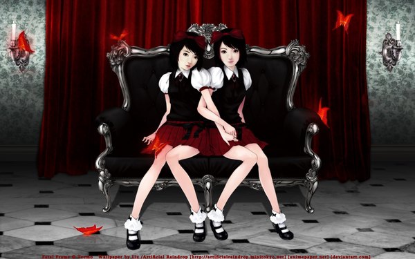 Anime picture 1920x1200 with fatal frame tecmo (studio) amakura mio amakura mayu looking at viewer highres short hair wide image sitting multiple girls indoors black eyes wallpaper girl bow ribbon (ribbons) 2 girls hair bow hair ribbon miniskirt