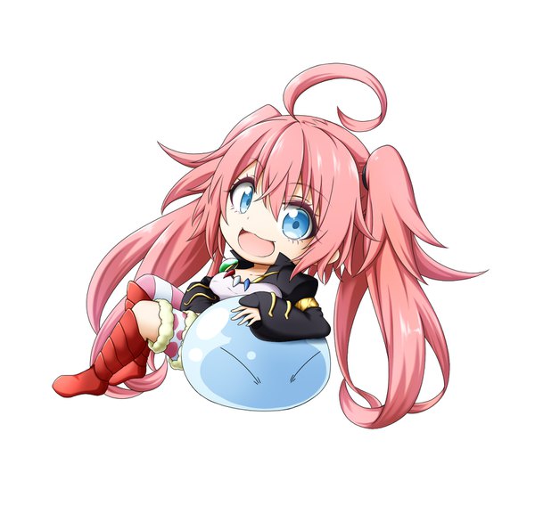 Anime picture 1613x1601 with tensei shitara slime datta ken 8bit rimuru tempest milim nava kuena long hair looking at viewer fringe open mouth blue eyes simple background smile hair between eyes white background sitting twintails pink hair full body ahoge :d