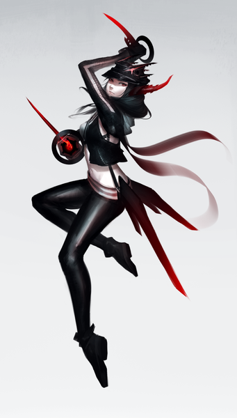 Anime picture 592x1040 with original arieaesu single long hair tall image looking at viewer black hair simple background red eyes bent knee (knees) grey background open clothes open jacket bare belly girl weapon jacket scarf flat cap