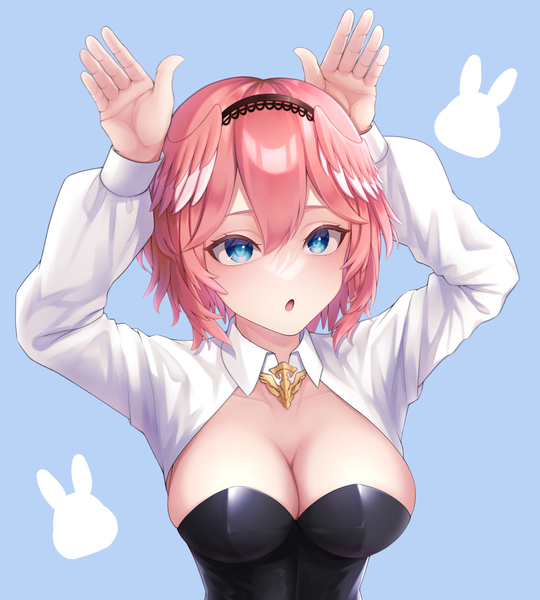 Anime picture 1800x2000 with virtual youtuber hololive takane lui syatihokomaru single tall image looking at viewer fringe highres short hair breasts open mouth blue eyes light erotic simple background hair between eyes large breasts pink hair upper body arms up