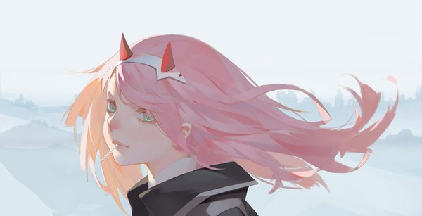 Anime picture 1200x614 with darling in the franxx studio trigger zero two (darling in the franxx) sannye single long hair wide image green eyes looking away pink hair upper body horn (horns) wind girl food sweets candy lollipop