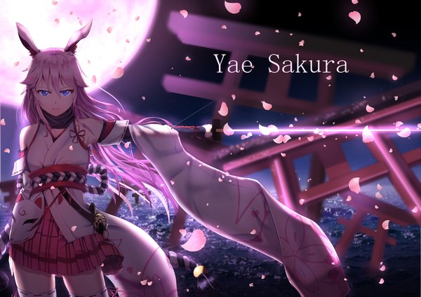 Anime picture 4299x3035 with benghuai xueyuan honkai (series) yae sakura ye zi you bei jiao ju ge single long hair looking at viewer fringe highres blue eyes hair between eyes animal ears pink hair absurdres full body traditional clothes japanese clothes character names serious girl