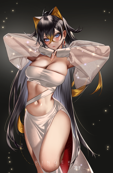Anime picture 4404x6750 with genshin impact dehya (genshin impact) ringeko-chan single long hair tall image looking at viewer blush fringe highres breasts blue eyes light erotic black hair simple background hair between eyes large breasts standing signed animal ears