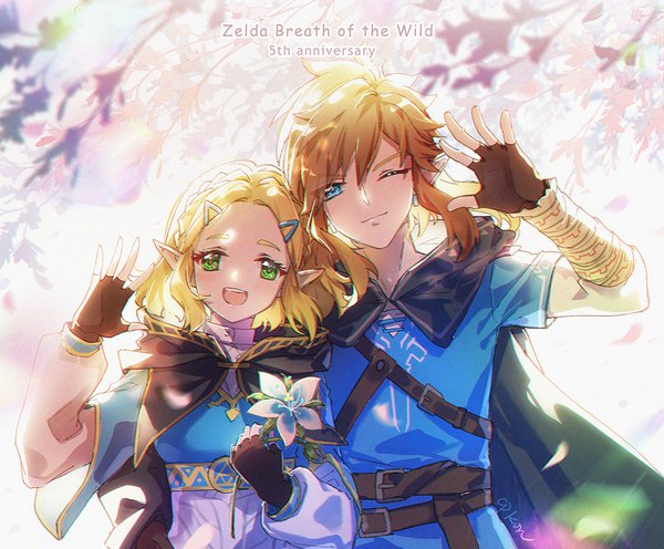 Anime picture 1000x827 with the legend of zelda the legend of zelda: breath of the wild nintendo princess zelda link cat princess looking at viewer fringe short hair open mouth blue eyes blonde hair hair between eyes green eyes upper body :d one eye closed pointy ears wink copyright name
