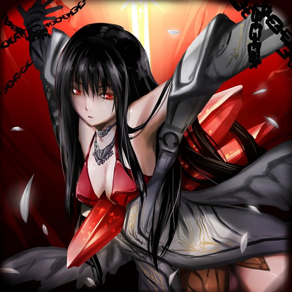 Anime picture 1024x1024 with single long hair light erotic black hair red eyes bondage girl chain jewelry crystal