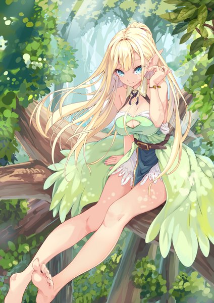 Anime picture 1167x1650 with original hinoki yuu single long hair tall image looking at viewer blush fringe breasts blue eyes light erotic blonde hair large breasts sitting bare shoulders cleavage full body outdoors barefoot pointy ears