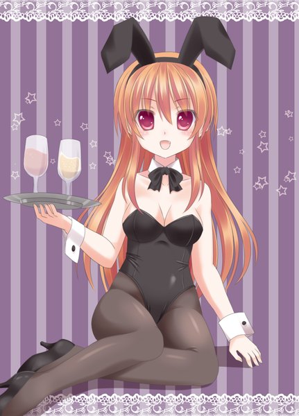 Anime picture 2645x3679 with original ikeda yuuki (artist) single long hair tall image looking at viewer blush highres light erotic red eyes orange hair teeth fang (fangs) bunny ears girl bowtie bunnysuit tray wine glass