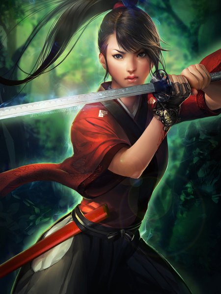 Anime picture 1500x2000 with original sakimichan single long hair tall image fringe brown eyes ponytail traditional clothes lips realistic serious girl weapon sword tree (trees) fingerless gloves blood forest single glove