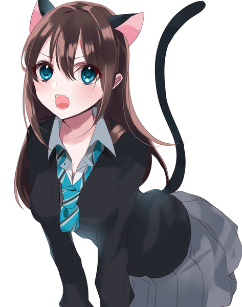 Anime-Bild 2368x3000 mit idolmaster idolmaster cinderella girls shibuya rin sinsihukunokonaka single long hair tall image blush fringe highres open mouth simple background hair between eyes brown hair white background animal ears tail animal tail aqua eyes cat ears