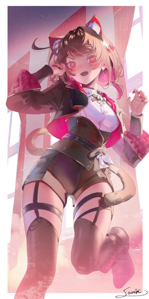 Anime picture 1000x2000 with original cat girl (saraki) saraki single tall image looking at viewer blush short hair open mouth smile red eyes brown hair standing twintails animal ears ahoge indoors tail nail polish animal tail