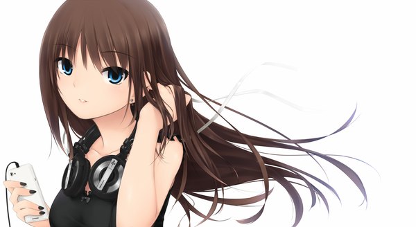 Anime picture 2053x1125 with original kopianget single long hair highres blue eyes brown hair wide image white background girl ribbon (ribbons) hair ribbon headphones iphone