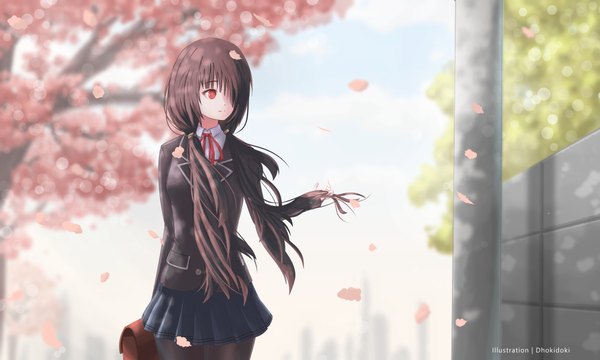 Anime picture 2250x1350 with date a live tokisaki kurumi dhokidoki single long hair fringe highres breasts black hair smile red eyes wide image twintails holding signed looking away sky cloud (clouds) outdoors pleated skirt