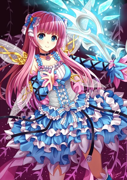 Anime picture 661x935 with aura kingdom villyane single long hair tall image blush blue eyes smile pink hair fantasy insect wings fairy girl dress bow hair bow wings choker boots frills