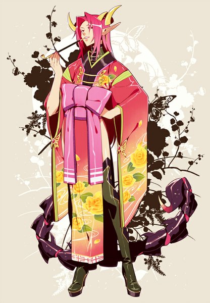 Anime picture 625x900 with mygrimoire belial (mygrimoire) kyousaku single long hair tall image fringe breasts smile looking away pink hair traditional clothes japanese clothes pink eyes horn (horns) fingernails pointy ears wide sleeves teeth hand on hip
